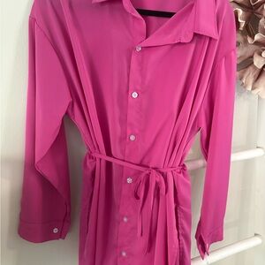 Bright Pink Button-Up Shirt Dress romper with Waist Tie